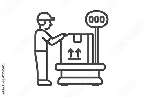 Warehouse worker weighing a large shipping box on an industrial floor scale