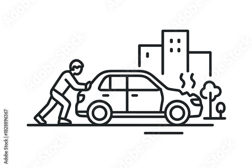 Man pushing a broken car with smoke coming from the engine on a city street