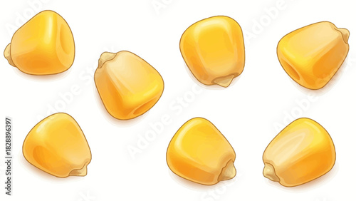 Seven yellow corn kernels on a white background