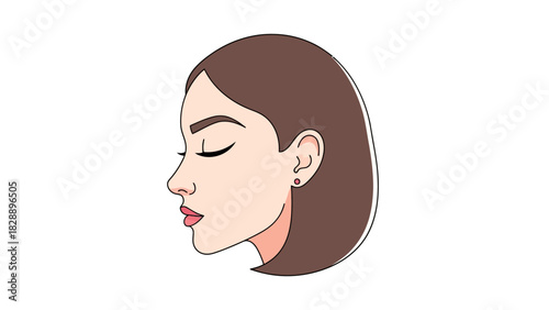 Side profile of a womans head with closed eyes and short brown hair