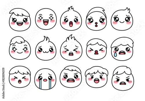 Set of cute kawaii emoticons with various expressions funny cartoon faces showing different emotions like happy, sad, angry