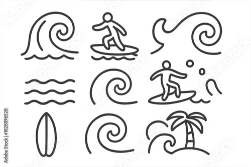 Outline surfing elements including ocean waves, surfers riding boards, and tropical beach scenery