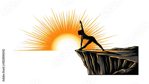 Silhouette of a person in yoga pose on a cliff edge at sunrise