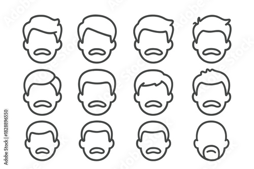 Twelve minimalist outline icons of male heads featuring different hairstyles and facial hair