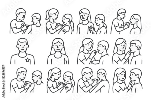 Minimalist icons showing young adults applying temporary tattoos and makeup