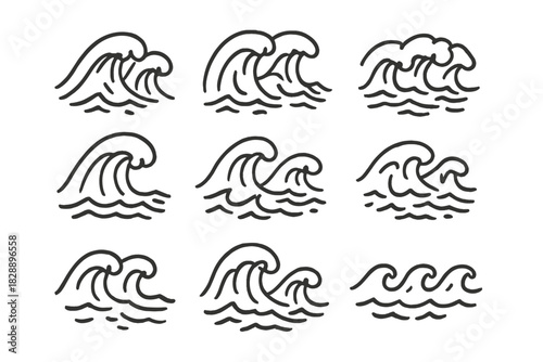 Nine simple hand-drawn ocean wave symbols representing sea water movement and surfing