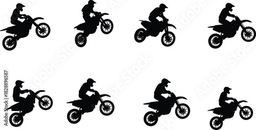 Motocross silhouette, dirt bike jump, extreme sport rider, black biker icon, stunt motion, helmet safety, off-road action, vector illustration