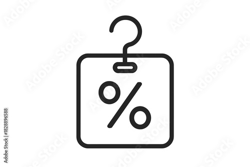 Black and white outline symbol representing a retail discount tag with a percentage sign for sales and savings