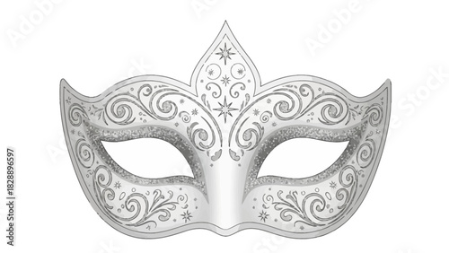 Silver masquerade mask with ornate swirling patterns and star accents