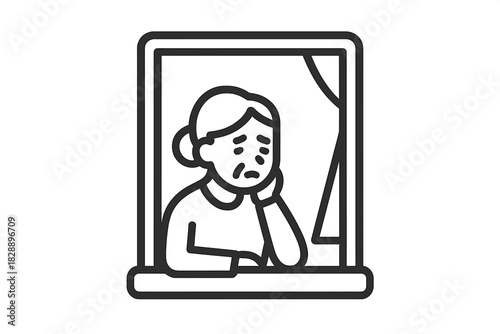 Elderly woman feeling lonely and depressed while looking out a window at home