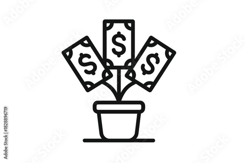 Money growing from a flower pot symbolizing financial investment and business growth