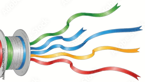 Spool of colored ribbons unfurling against a white background