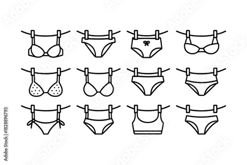 Twelve different styles of lingerie and underwear garments hanging on a clothesline