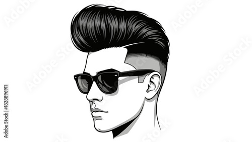 Stylized black and white illustration of a man with sunglasses and a pompadour