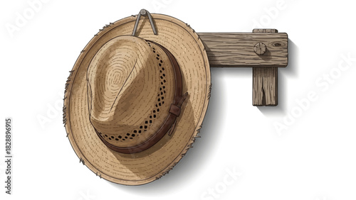 Straw hat hanging on a wooden hook