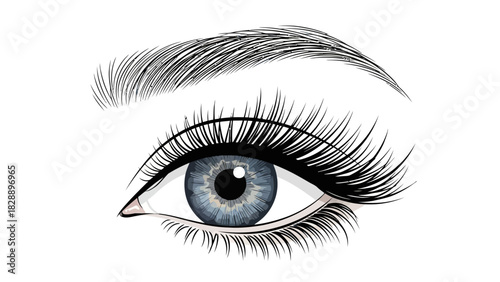 Stylized illustration of a single blue eye with thick eyelashes and an eyebrow