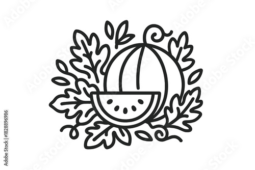 Simple black outline featuring a large striped watermelon and a juicy slice with seeds and foliage