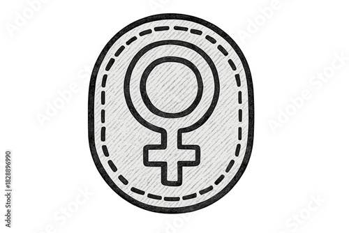 Stylized embroidered patch featuring the female gender symbol and Venus sign