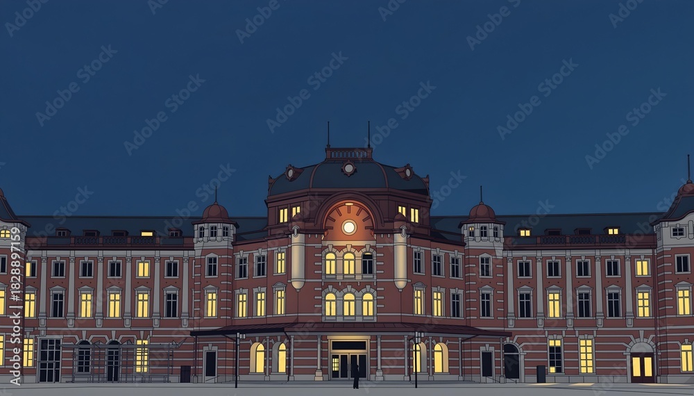 Fototapeta premium Modern Ukiyo-e style illustration of Tokyo Station Marunouchi red brick building, Japan travel background with copy space