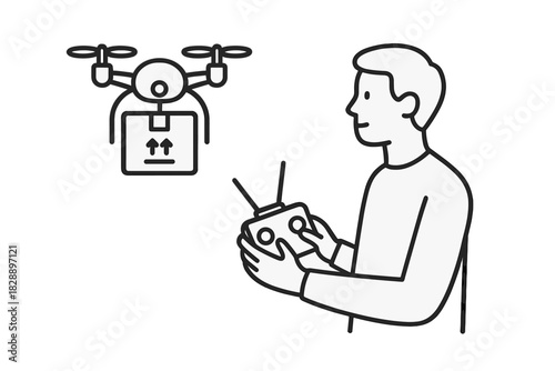 Operator guiding a quadcopter drone carrying a shipping package with remote control