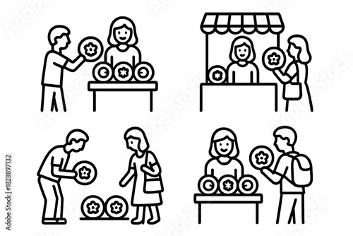 Simple icons depicting customers and vendors exchanging goods at a marketplace or street stall