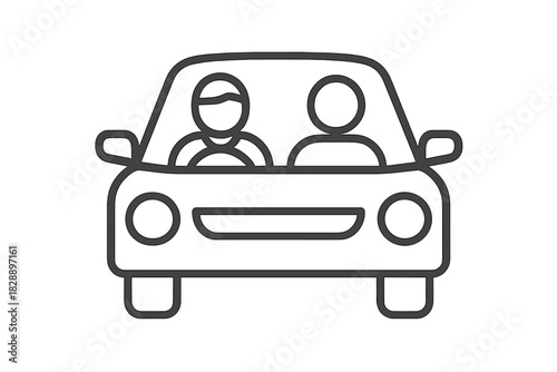 Front view of a car carrying a driver and passenger representing ride sharing service