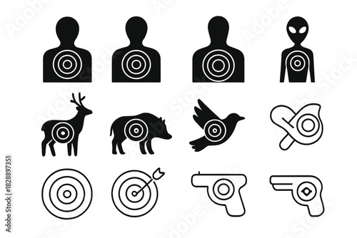 Set of shooting range targets and hunting silhouettes including human, alien, deer, boar, bird, and firearms