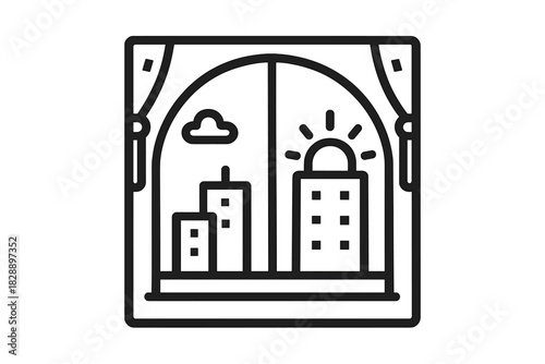 Morning cityscape view through an arched window frame with curtains and rising sun