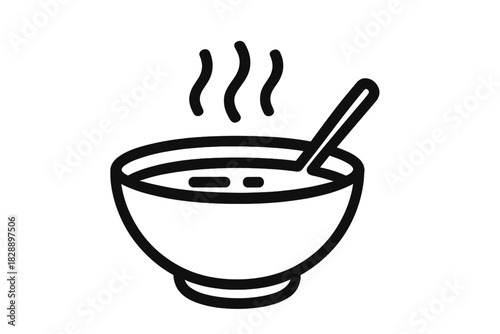 Minimalist black design showing a steaming bowl of hot soup with a spoon resting inside ready to eat
