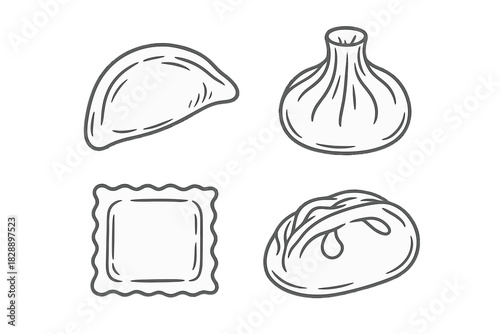 Traditional filled dough food shapes collection featuring khinkali, pierogi, and ravioli
