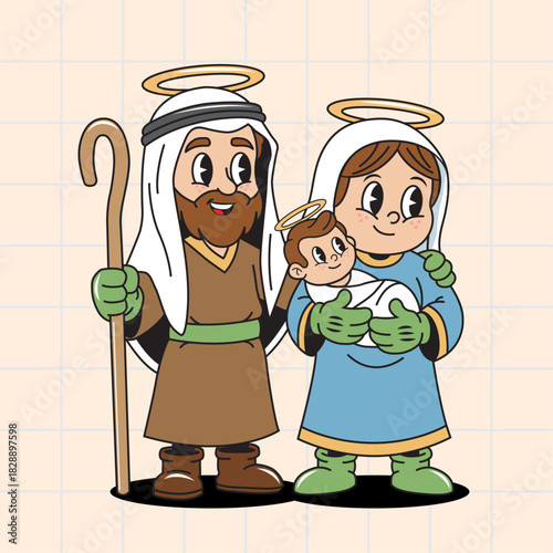 The Holy Family: Cute Cartoon Illustration of Nativity Scene with Joseph, Mary, and Baby Jesus