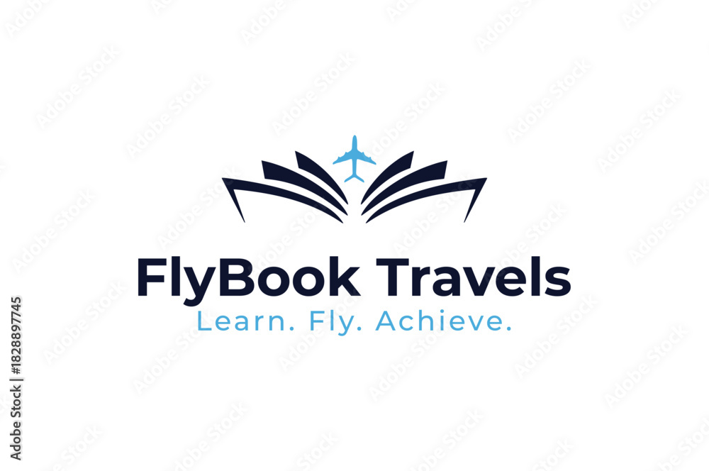 Fototapeta premium FlyBook Travels logo with airplane icon promises learning, flying, and achieving dreams for modern travel company branding and success