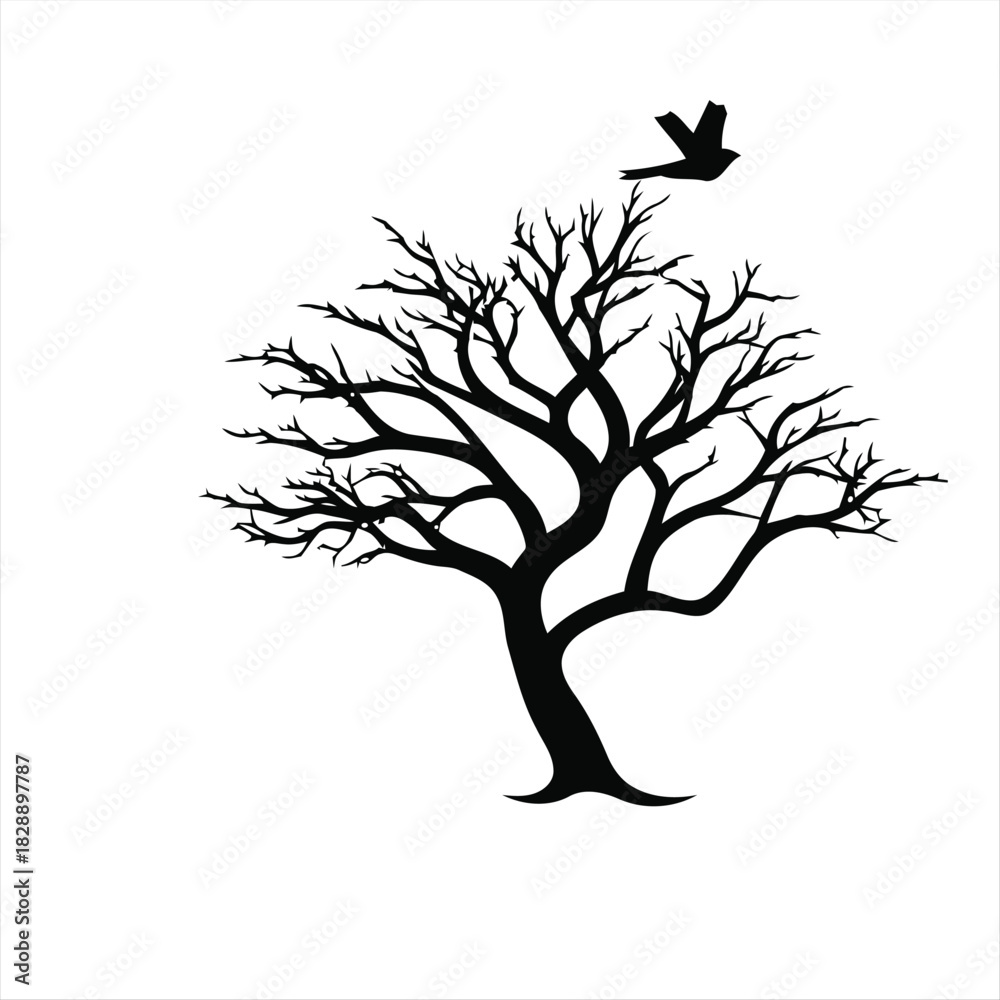 Fototapeta premium Silhouette Tree with Flying Bird Icon A Symbolic Representation of Nature's Beauty and Freedom