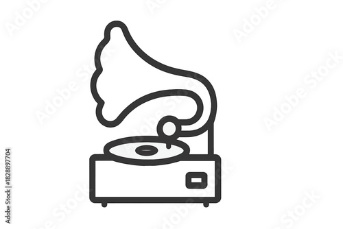 Minimalist black and white drawing of a vintage gramophone with sound horn and turntable