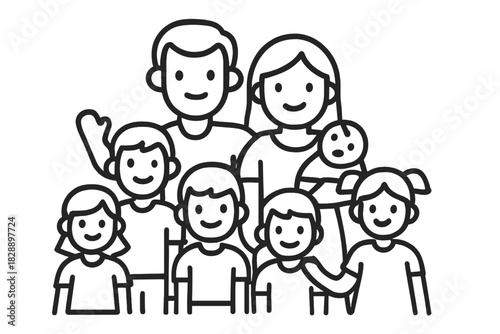 Simple line art portrait of a large happy family group with parents and children