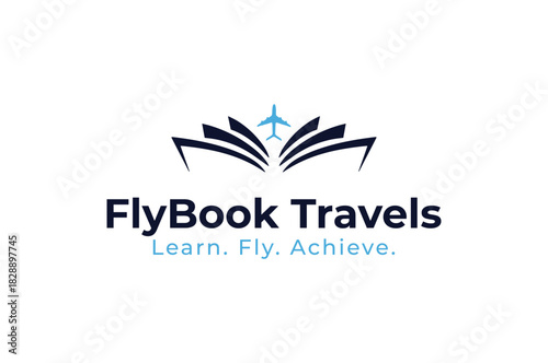FlyBook Travels logo with airplane icon promises learning, flying, and achieving dreams for modern travel company branding and success