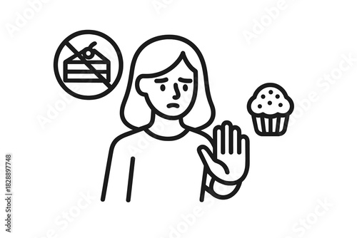 Person making a stop gesture to refuse sugary desserts and cake for a healthy lifestyle