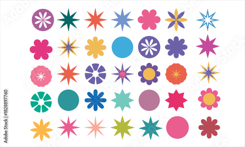 Geometric shapes and colorful flowers creatively arranged on a white background create playful simplicity