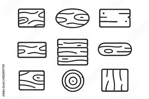 Outline symbols of wood textures, timber, planks, logs, and construction materials