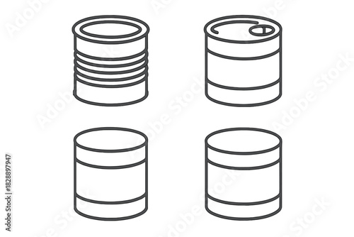 Various styles of cylindrical metal food packaging containers presented as simple outline symbols