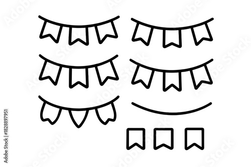 Outline icons featuring various styles of festive party bunting, garlands, and celebration flags