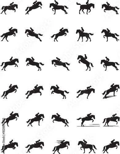 Set of horse racing silhouette icons showing various gallop stages