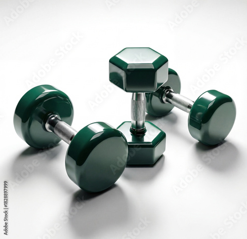 Set of Three Green Dumbbells on White Background. Fitness Equipment Illustration.

