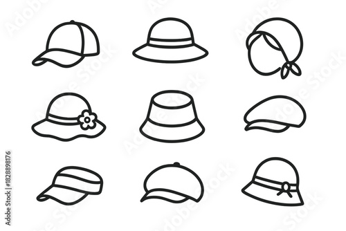 Outline icons depicting different styles of summer hats caps and fashion headwear