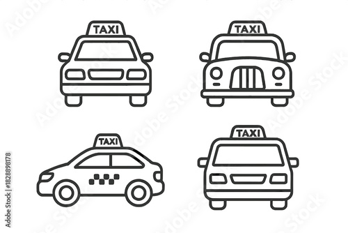 Outline icons set featuring various taxi cabs and public transportation vehicles