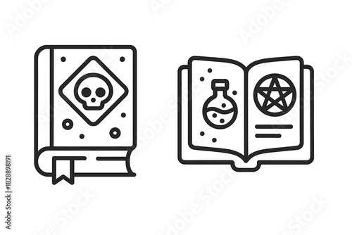 Closed magic book with skull cover and open spell book showing potion flask and pentagram