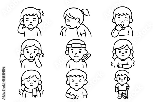 Collection of simple outline icons depicting common sickness symptoms and health issues