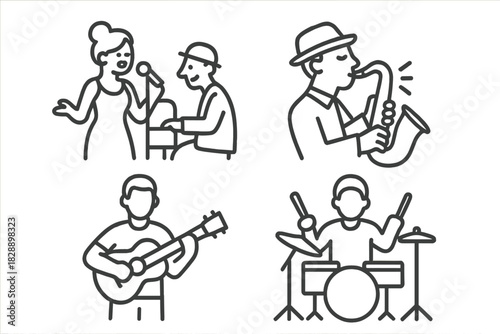 Outline icons set of musicians performing live including singer, pianist, saxophonist, guitarist, and drummer