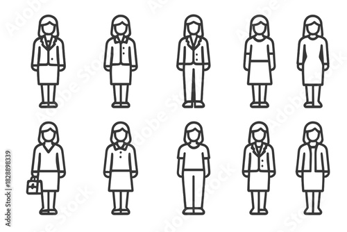 Minimalist line set of diverse professional and casual women standing in business attire