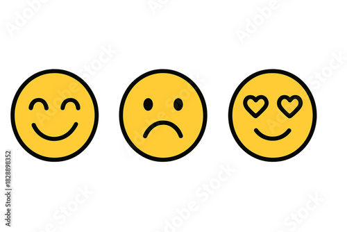 Set of three yellow emoji faces depicting happiness, sadness, and love emotions